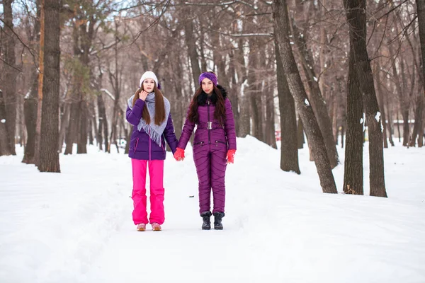 Due belle ragazze felici passeggiano in inverno in una città par — Foto Stock