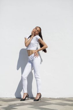 Model testleri. Genç güzel esmer model bir whi karşı poz