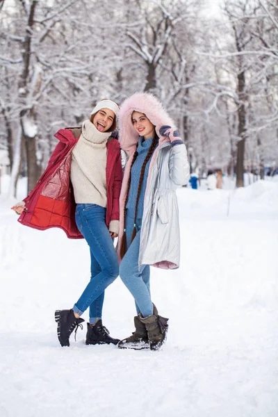 Portrét dvě mladé krásné ženy procházky v zimním parku — Stock fotografie