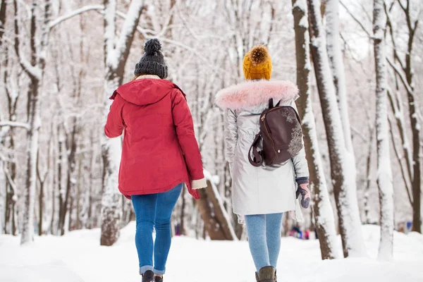 Ritratto due giovani belle donne che camminano nel parco invernale — Foto Stock