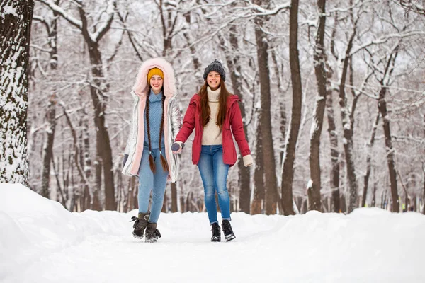 Portret dwóch młodych pięknych kobiet spacerujących w zimowym parku — Zdjęcie stockowe
