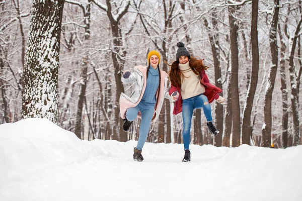 Ritratto due giovani belle donne che camminano nel parco invernale — Foto Stock