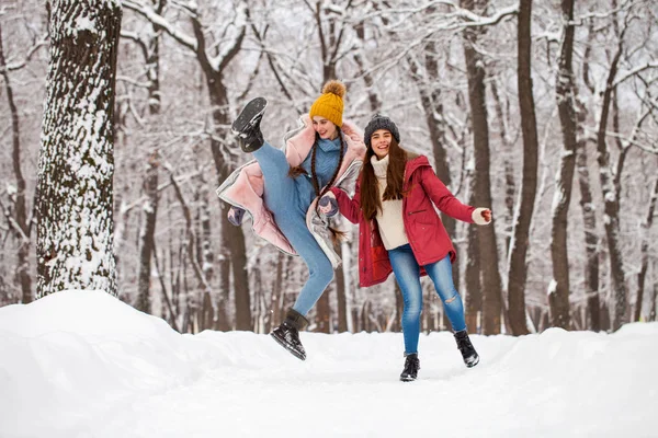 Portret van twee mooie jonge vrouwen die in het winterpark wandelen — Stockfoto