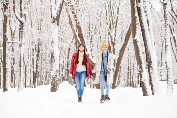 Portrait two young beautiful women walking in winter park — Stock Photo, Image