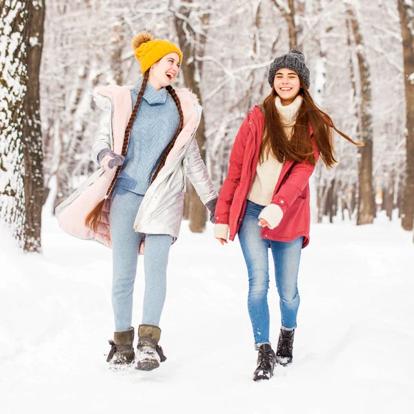 Портрет двух молодых красивых женщин, гуляющих в зимнем парке — стоковое фото