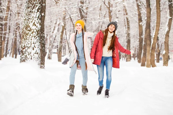 Retrato duas jovens mulheres bonitas andando no parque de inverno — Fotografia de Stock