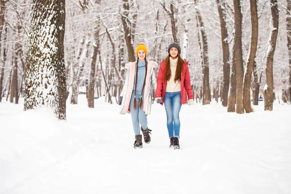 Portrait two young beautiful women walking in winter park — Stock Photo, Image