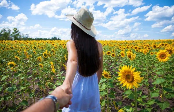 Sígueme, joven mujer sosteniendo a un hombre de la mano un campo de girasoles — Foto de Stock