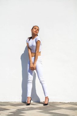 Model testleri. Genç güzel esmer model bir whi karşı poz