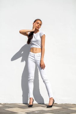 Model testleri. Genç güzel esmer model bir whi karşı poz