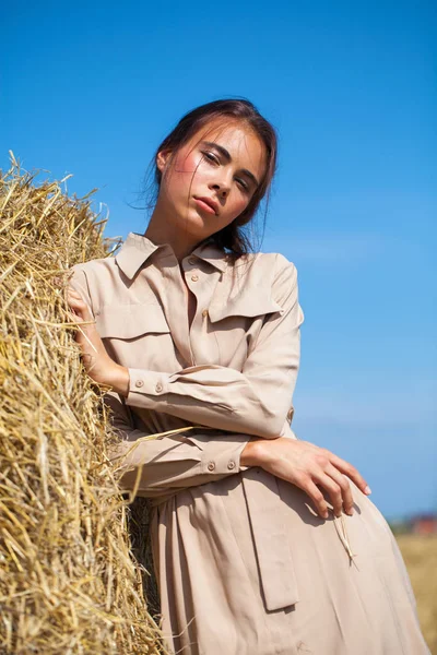 Schöne Mädchen in einem beigen Kleid posiert auf einem Hintergrund aus Heu — Stockfoto