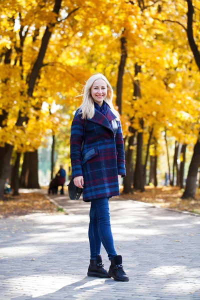 Portrait of a young beautiful woman in blue coat — Stock Photo, Image
