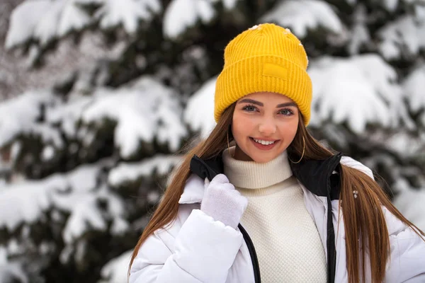 Portret van een jonge gelukkige vrouw op een achtergrond van een winterpark — Stockfoto