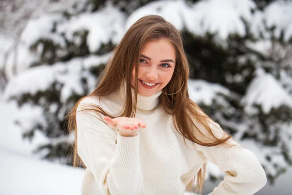 Jovem mulher bonita em uma camisola de lã posando em um fundo — Fotografia de Stock