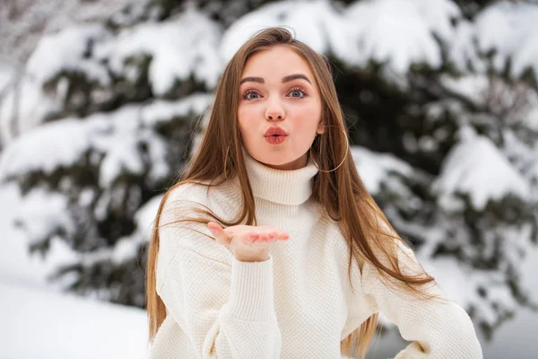 Junge schöne Frau in einem Wollpullover posiert auf einem Hintergrund — Stockfoto