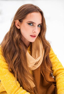 Güzellik uydur. Kışın genç ve güzel bir kadının portresi.