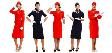 Collage - Young beautiful Russian stewardess in blue uniform 