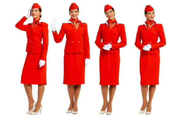 Collage, junge schöne russische Stewardess in roter Uniform — Stockfoto