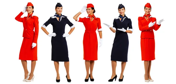 Collage - junge schöne russische Stewardess in blauer Uniform — Stockfoto