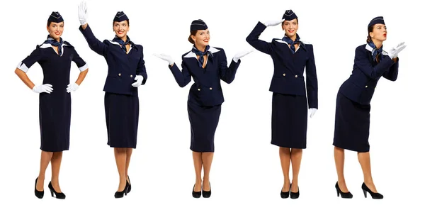 Kolaż - Młoda piękna rosyjska stewardessa w niebieskim mundurze — Zdjęcie stockowe