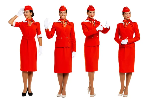 Collage, Young beautiful Russian stewardess in red uniform — 图库照片