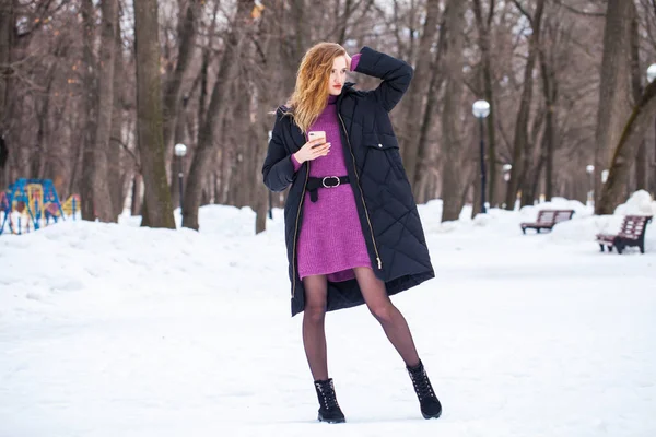 Full Length Portrait Young Stylish Girl Black Long Jacket Posing — Stock Photo, Image