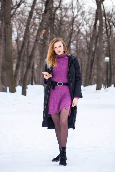 Full Length Portrait Young Stylish Girl Black Long Jacket Posing — Stock Photo, Image