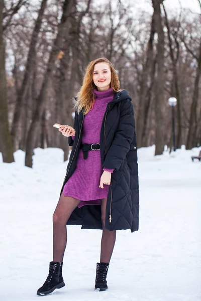 Full Length Portrait Young Stylish Girl Black Long Jacket Posing — Stock Photo, Image