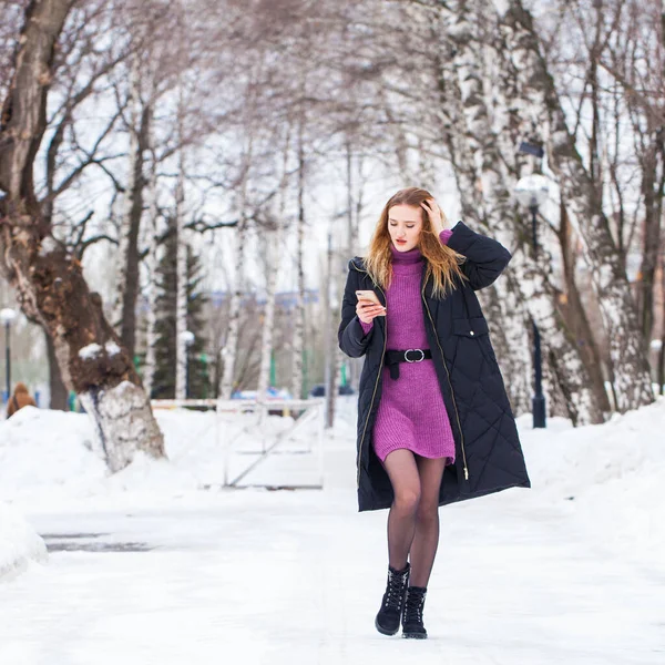 Full Length Portrait Young Stylish Girl Black Long Jacket Posing — Stock Photo, Image