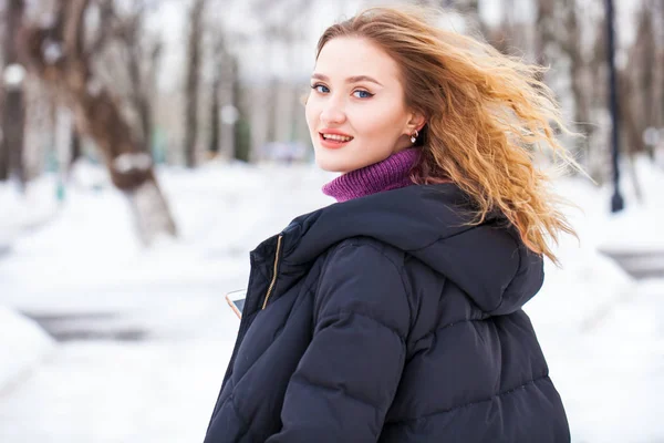 Full Length Portrait Young Stylish Girl Black Long Jacket Posing — Stock Photo, Image