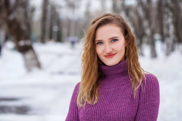 Portret Van Een Jonge Mooie Blonde Vrouw Trui Poseren Winterpark — Stockfoto