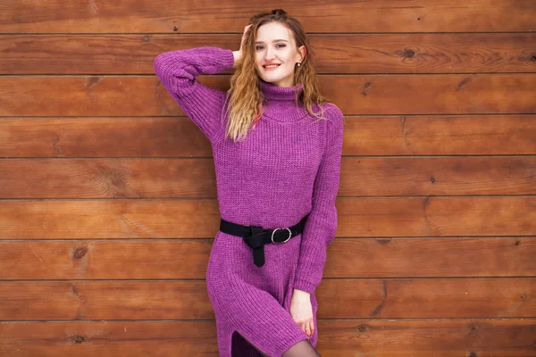 Portrait Young Beautiful Woman Lilac Sweater Posing Background Wooden Wall — Stock Photo, Image