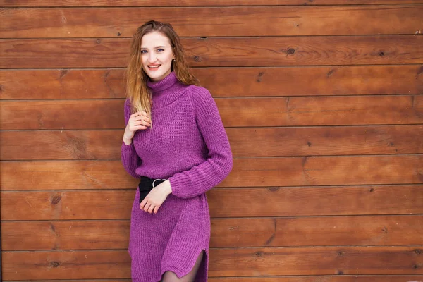 Portrait Young Beautiful Woman Lilac Sweater Posing Background Wooden Wall — Stock Photo, Image