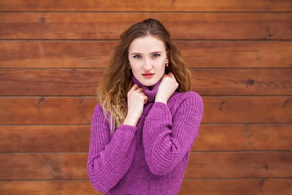 Portrait Young Beautiful Woman Lilac Sweater Posing Background Wooden Wall — Stock Photo, Image