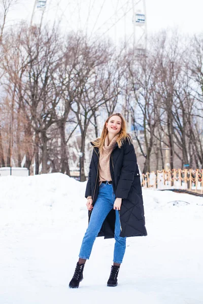 Full Length Portrait Young Stylish Girl Black Long Jacket Posing — Stock Photo, Image