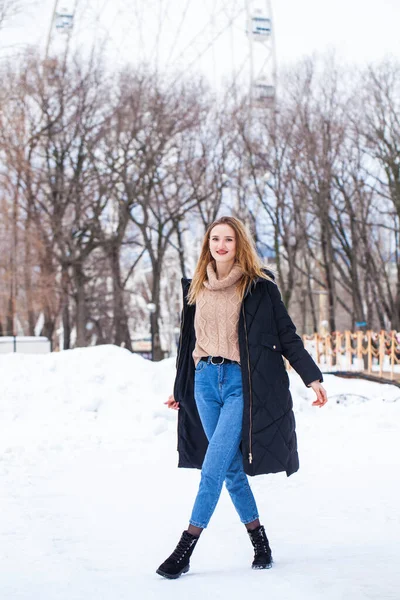 Full Length Portrait Young Stylish Girl Black Long Jacket Posing — Stock Photo, Image