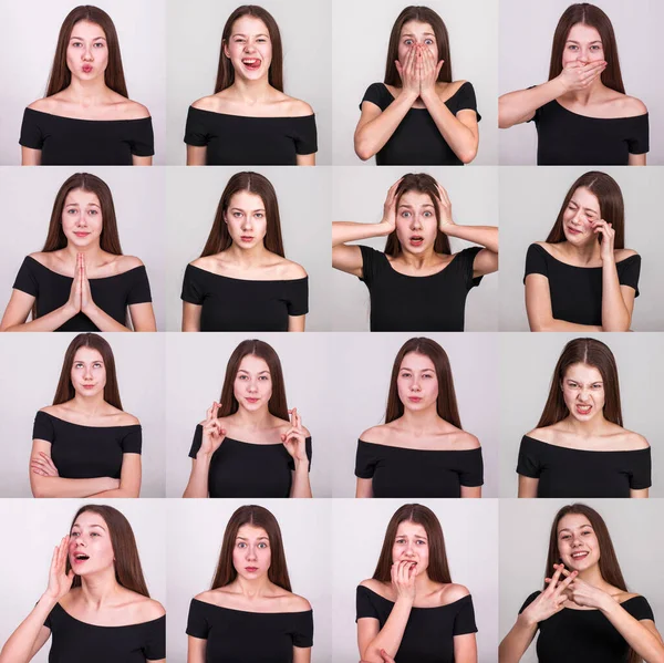 Testes Modelo Colagem Emoções Retrato Uma Jovem Bela Mulher Morena — Fotografia de Stock