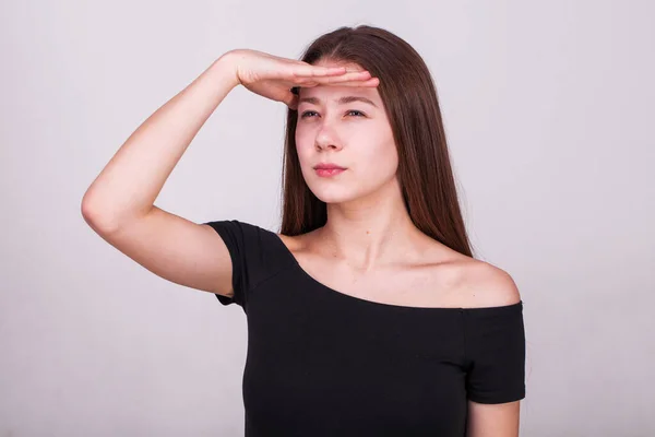 Nahaufnahme Porträt Einer Jungen Schönen Brünetten Modell Isoliert Auf Grauem — Stockfoto