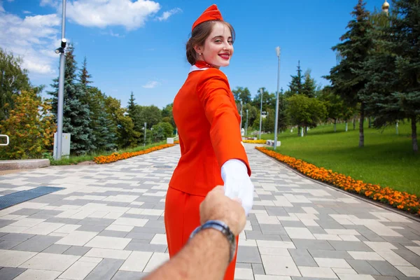 Follow Beautiful Stewardess Dressed Official Red Uniform Airlines Summer Park — Stock Photo, Image