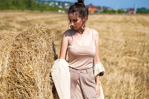 Young Beautiful Brunette Woman Beige Dress Posing Background Haystacks Cut — Stock Photo, Image