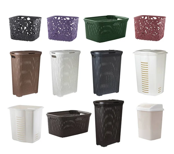 Collage Various Plastic Baskets Dirty Clothes Isolated White — Stock Photo, Image