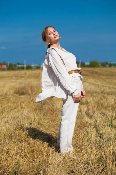 Vacker Blond Flicka Beige Kostym Poserar Bakgrund Höstack Ett Snitt — Stockfoto