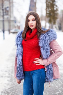 Kadın Uydurma Güzellik. Kürklü genç bir kızın portresi. Açık havada kış.