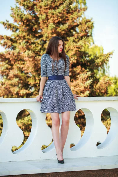 Retrato Comprimento Total Uma Jovem Menina Alegre Vestido Verão Parque — Fotografia de Stock