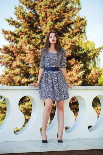 Retrato Comprimento Total Uma Jovem Menina Alegre Vestido Verão Parque — Fotografia de Stock