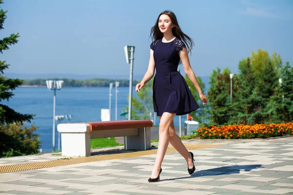 Full Length Portrait Young Cheerful Girl Blue Dress Walking Summer — Stock Photo, Image