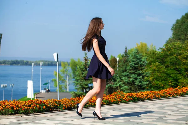 Full Length Portrait Young Cheerful Girl Blue Dress Walking Summer — Stock Photo, Image