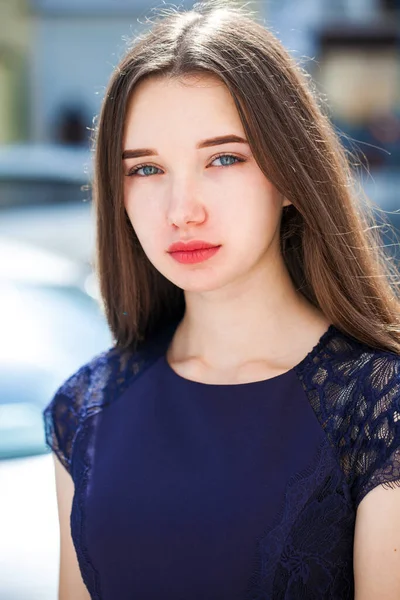 Close Portrait Young Beautiful Brunette Model Blue Dress — Stock Photo, Image