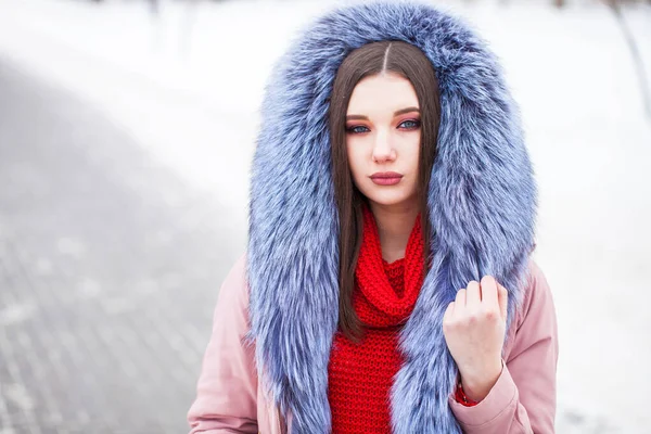 Female Make Beauty Portrait Young Beautiful Teenager Girl Fur Hood — Stock Photo, Image