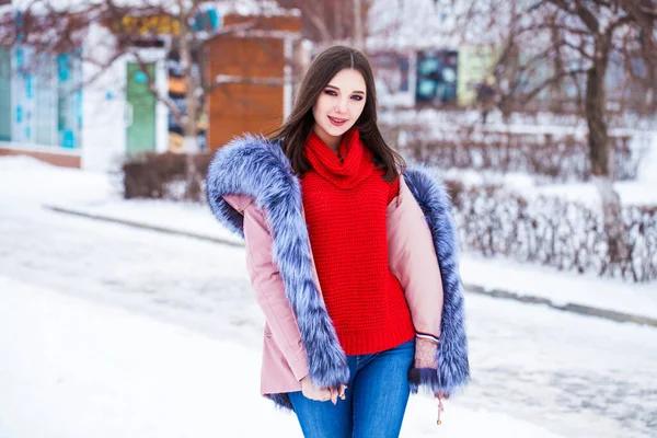 女性化妆 一个穿着毛皮斗篷的年轻漂亮少女的画像 冬季户外 — 图库照片